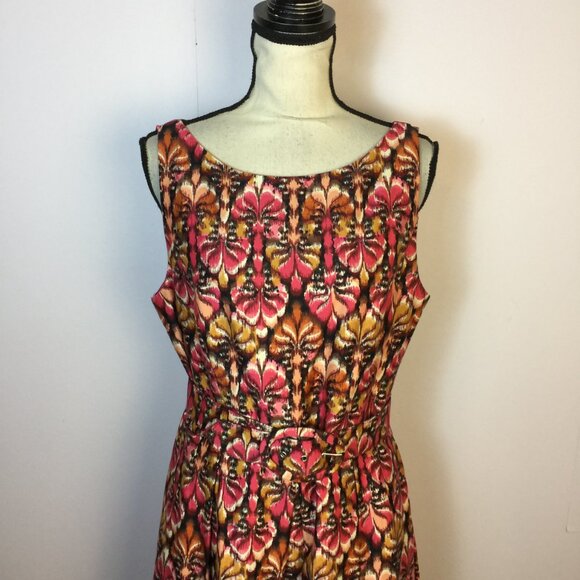 Muse Fit & Flare Dres Size 12 Woman Pink Yellow Abstract Sleeveless Belted Retro - Picture 9 of 14